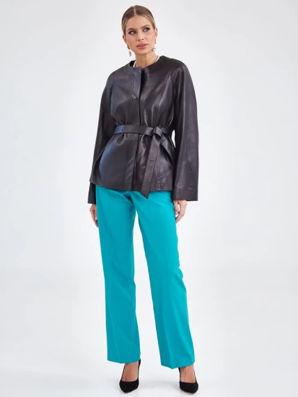 Кожаная женская куртка без воротника с поясом 3019, черная, размер 48, артикул 92110-4