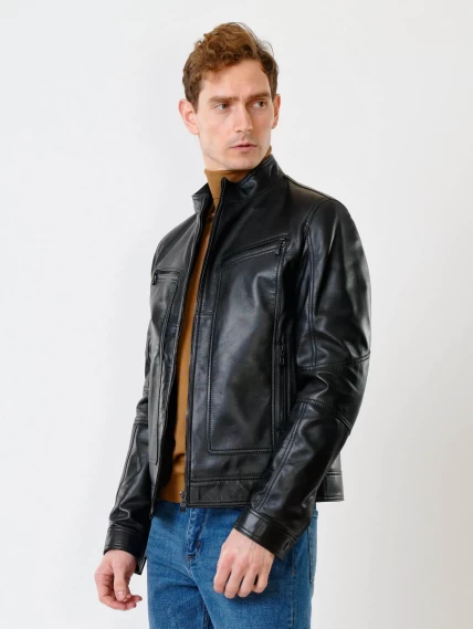 Двубортная мужская кожаная куртка Клуб, черная, размер 48, артикул 28400-2
