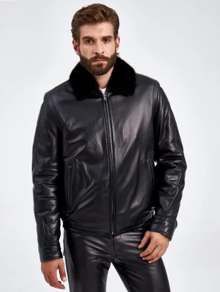 Кожаная зимняя мужская куртка на подкладке из овчины с воротником из меха норки 4634, черная, размер 48, артикул 29420-0