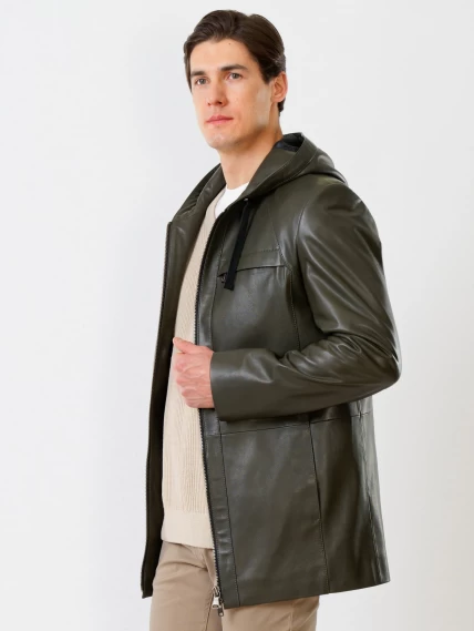 Удлиненная мужская кожаная куртка с капюшоном премиум класса 552, оливковая, размер 48, артикул 28760-5