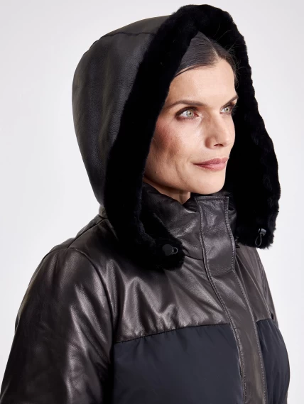 Комбинированная женская кожаная куртка с капюшоном 3030, черная, размер 44, артикул 23360-4