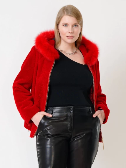 Демисезонный комплект женский: Куртка из астрагана 48мех + Брюки 03, красный/черный, размер 46, артикул 111289-3