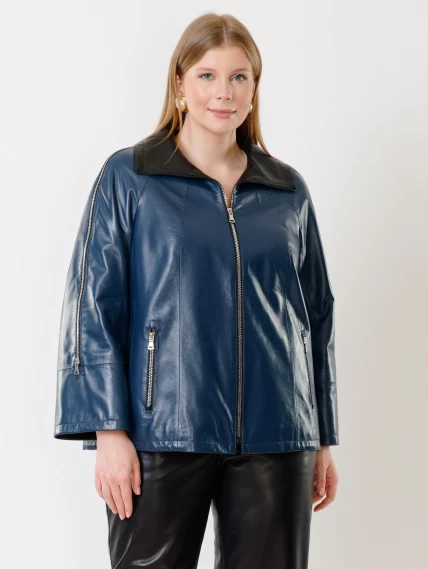 Кожаная женская куртка оверсайз 385, синяя, размер 50, артикул 91341-5