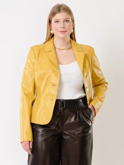 Кожаный костюм женский: Пиджак 316рс + Брюки 05, желтый/черный, размер 44, артикул 111151-5