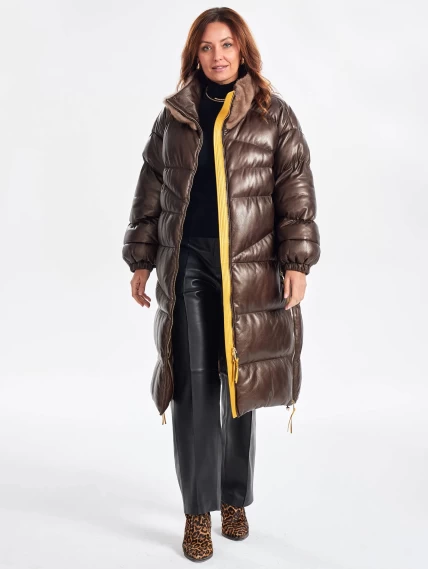 Cтеганное женское кожаное пальто с норковым воротником премиум класса 3073, коричневое, размер 50, артикул 63340-0