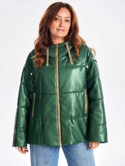 Утепленная женская кожаная куртка оверсайз с капюшоном премиум класса 3023, зеленая, размер 48, артикул 23330-3
