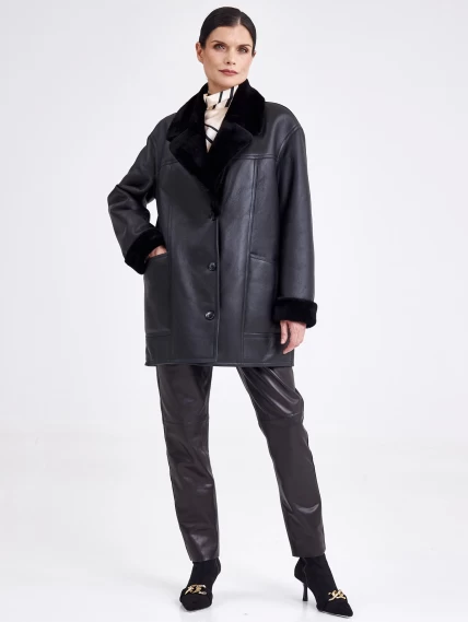 Короткая женская дубленка пиджак с поясом премиум класса 2011, черная, размер 46, артикул 62660-5