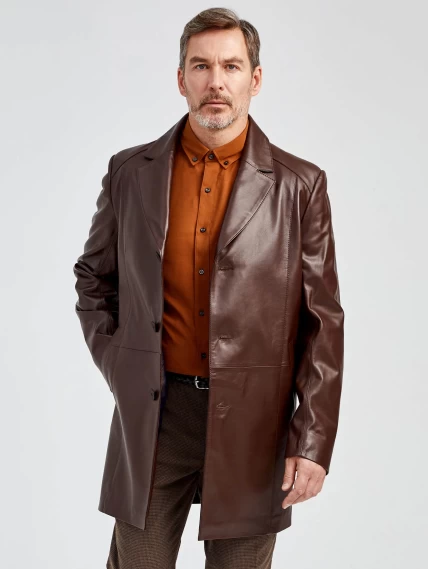 Кожаный пиджак удлиненный премиум класса для мужчин 541, коричневый, размер 48, артикул 29531-6