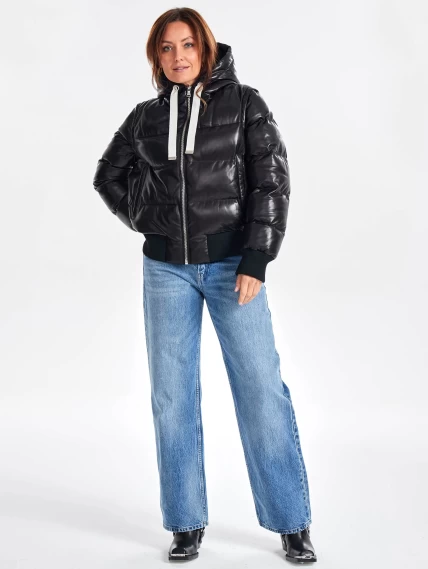 Утепленная стеганная кожаная куртка с капюшоном премиум класса для женщин 3077, черный, размер 46, артикул 23890-2