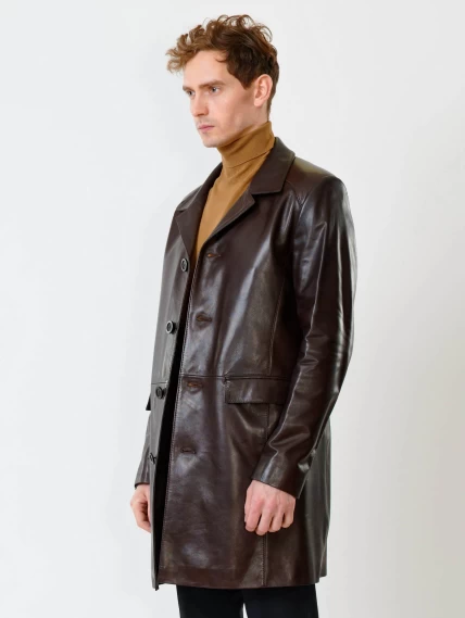 Удлиненный кожаный мужской пиджак премиум класса 539, коричневый, размер 48, артикул 29541-6