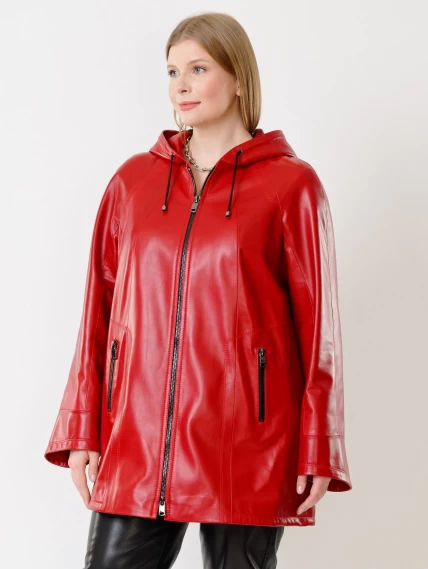 Кожаная женская куртка оверсайз с капюшоном 383, красная, размер 60, артикул 91310-1
