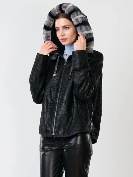 Короткая замшевая утепленная женская куртка с мехом "рекса" 308ш, черная, размер 46, артикул 90722-6