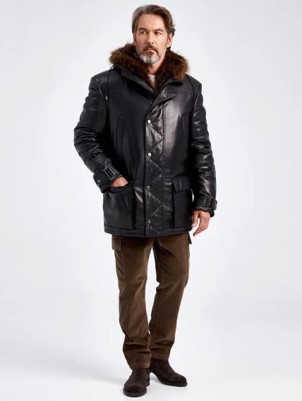 Зимняя мужская кожаная куртка с капюшоном на подкладке из меха енота 511, черная, размер 56, артикул 40730-5