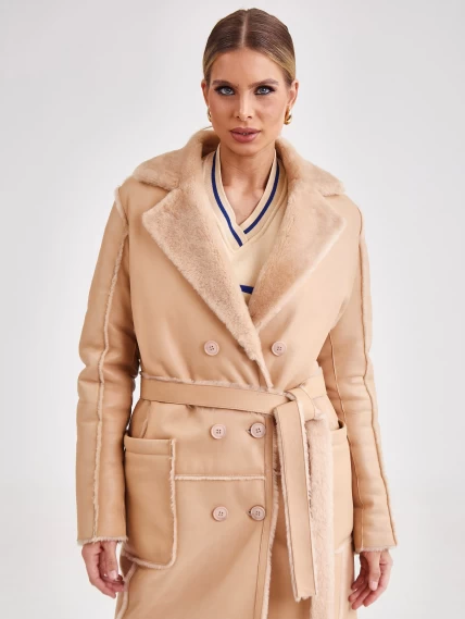 Двубортное женское пальто из натуральной овчины премиум класса 2000, бежевое, размер 50, артикул 63830-1