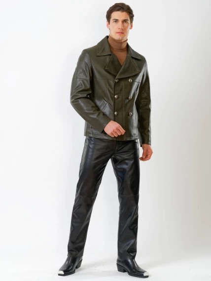 Кожаный комплект мужской: Куртка Клуб + Брюки 01, оливковый/черный, размер 48, артикул 140200-6