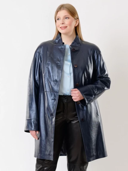 Кожаное пальто женское 378, синий перламутр, размер 48, артикул 91272-2