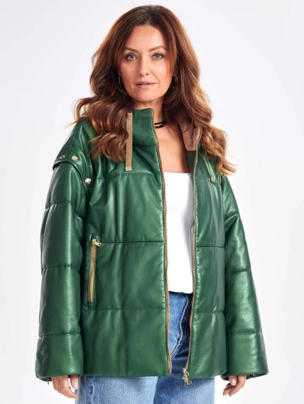 Утепленная женская кожаная куртка оверсайз с капюшоном премиум класса 3023, зеленая, размер 48, артикул 23330-0