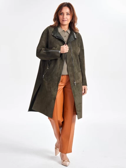Стильное замшевое пальто оверсайз для женщин премиум класса 3041з, оливковое, размер 50, артикул 63460-1