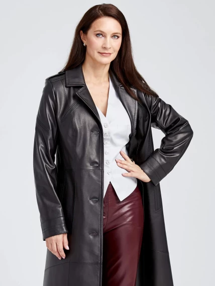 Классический кожаный женский плащ с поясом 3010, черный, размер 48, артикул 91641-1