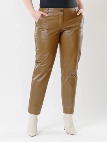 Кожаные зауженные женские брюки из натуральной кожи 03, серо-коричневые, размер 46, артикул 85521-2