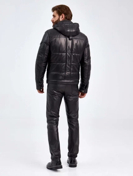 Утепленный мужской кожаный пуховик с капюшоном 2010-12, черный, размер 50, артикул 29150-2