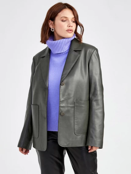 Кожаный женский пиджак премиум класса 3016, оливковый, размер 54, артикул 91581-5