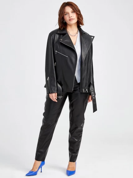 Кожаная женская куртка косуха с поясом 3013, черная, размер 48, артикул 91561-6
