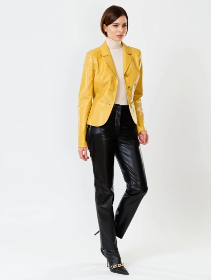 Кожаный костюм женский: Пиджак 316рс + Брюки 03, желтый/черный, размер 44, артикул 111152-1