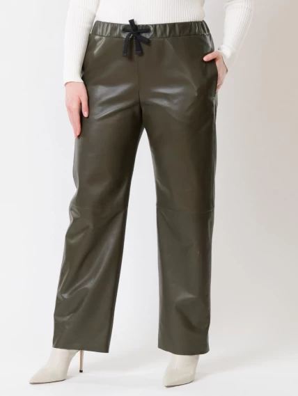 Кожаные широкие женские брюки из натуральной кожи 06, оливковые, размер 48, артикул 85510-3