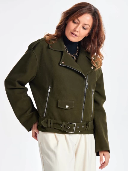Короткая кожаная куртка косуха с поясом для женщин премиум класса 3052, хаки, размер 44, артикул 23460-2