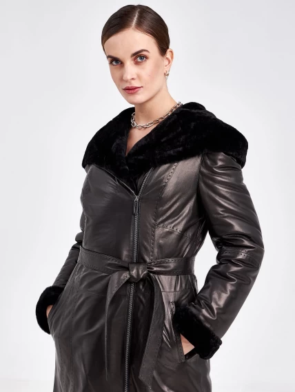 Кожаное пальто зимнее женское 394мех, с капюшоном, черное, размер 46, артикул 91870-0