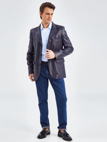 Мужской кожаный пиджак на ручном стежке премиум класса 543, синий, размер 48, артикул 27320-3