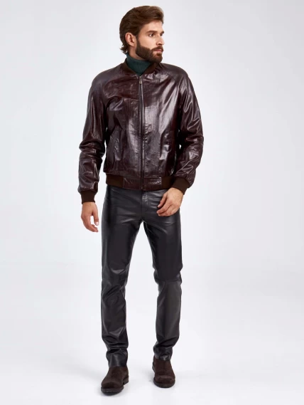 Короткая мужская кожаная куртка бомбер 535, коричневая, размер 50, артикул 29220-1