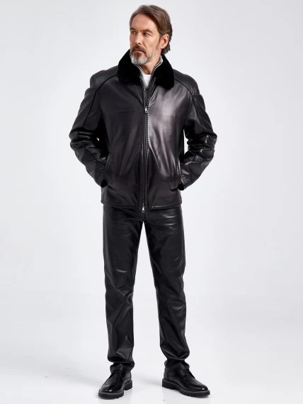 Кожаная мужская зимняя куртка на подкладке из овчины 4615, черная, размер 58, артикул 40550-5