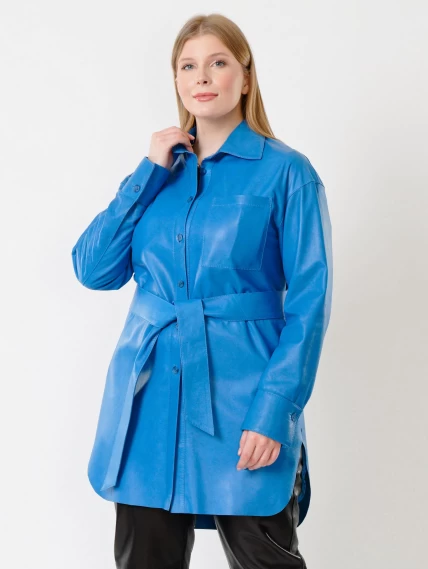 Кожаная женская рубашка с поясом из натуральной кожи 01_2, голубая, размер 46, артикул 91412-0