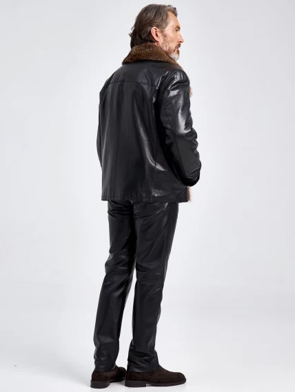 Кожаная зимняя мужская куртка с воротником меха соболя премиум класса 4365, черная, размер 58, артикул 40670-2