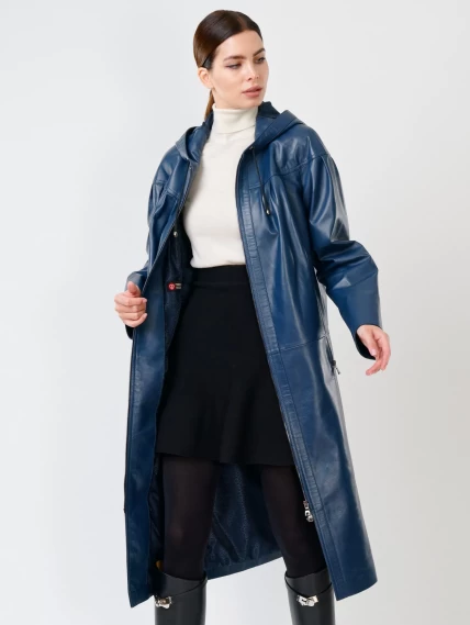 Кожаное женское пальто с капюшоном на молнии премиум класса 3009, синее, размер 50, артикул 25600-1