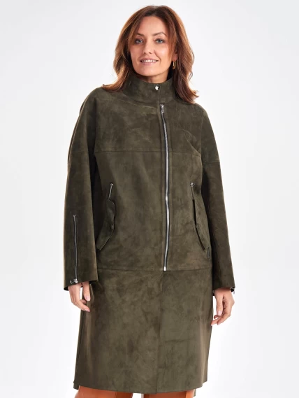 Стильное замшевое пальто оверсайз для женщин премиум класса 3041з, оливковое, размер 50, артикул 63460-0
