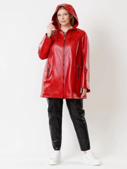 Кожаная женская куртка оверсайз с капюшоном 383, красная, размер 60, артикул 91311-3