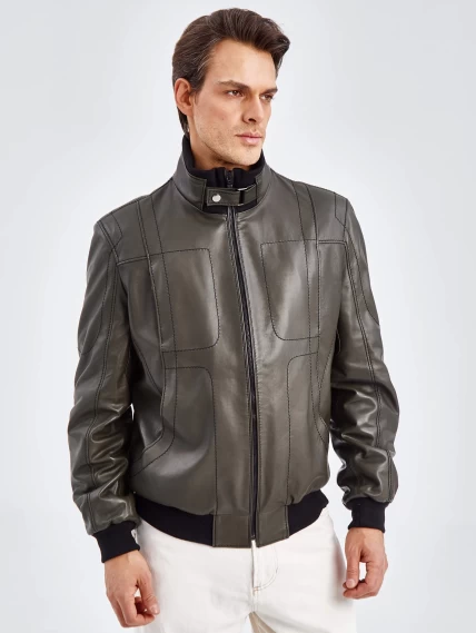 Кожаная куртка бомбер мужская премиум класса 521, оливковая, размер 50, артикул 29030-5