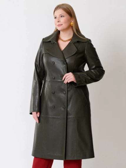 Кожаное двубортное женское пальто с поясом премиум класса 3003, оливковое, размер 48, артикул 63480-4