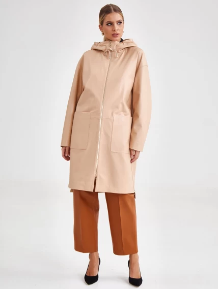 Кожаное женское пальто с капюшоном на молнии премиум класса 3034, бежевое, размер 46, артикул 63420-4