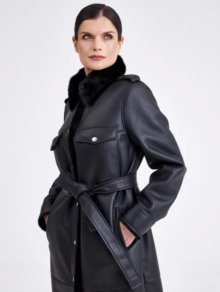 Женское пальто рубашка с воротником из меха норки премиум класса 2016, черная, размер 44, артикул 63620-1