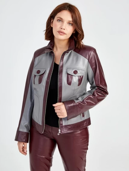 Кожаный комплект женский: Куртка 341 + Брюки 02, серый/бордовый, размер 42, артикул 111170-3