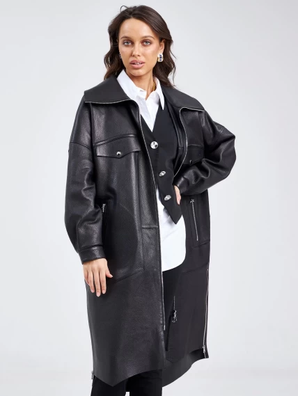 Молодежное женское кожаное пальто на молнии премиум класса 3039, черное, размер 52, артикул 63390-2