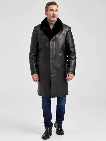 Мужское зимнее кожаное пальто с норковым воротником премиум класса 533мех, черное, размер 50, артикул 71062-3