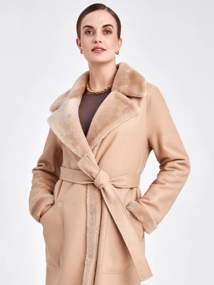 Классическое женское пальто из натуральной овчины премиум класса 2006, бежевое, размер 44, артикул 63700-6