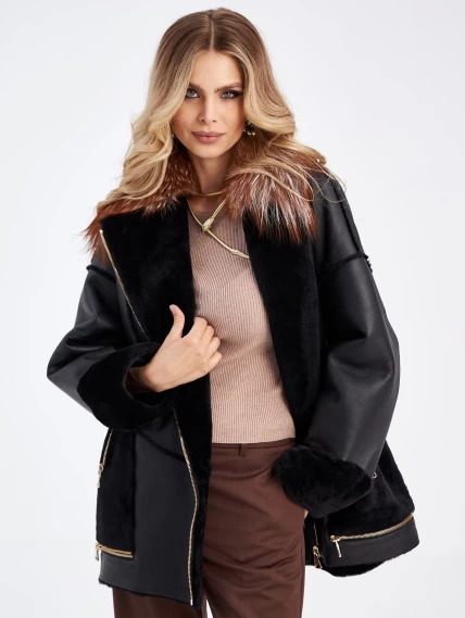 Женская куртка оверсайз из натуральной овчины с воротником из меха лисицы премиум класса 2042, черная, размер 44, артикул 63500-5