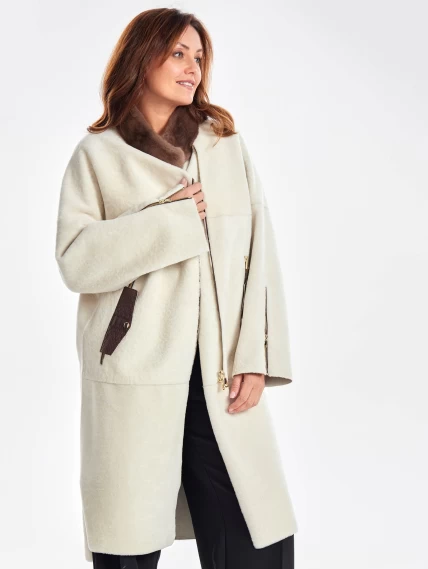 Женское пальто из овчины с воротником из меха норки премиум класса 2022, белое, размер 50, артикул 63300-6