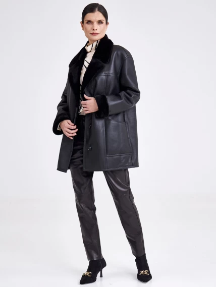 Короткая женская дубленка пиджак с поясом премиум класса 2011, черная, размер 46, артикул 62660-1